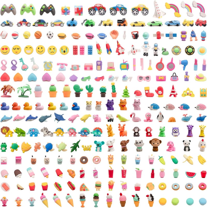 Clock King 240pcs 3D Cute Kids Erasers, Random Desktop Pet Toys Gifts, Classroom Rewards Kids Party Gifts, Various Styles Such as Animals, Food, Plants, Space, Princess, Sports, Halloween, Christmas - Image 1